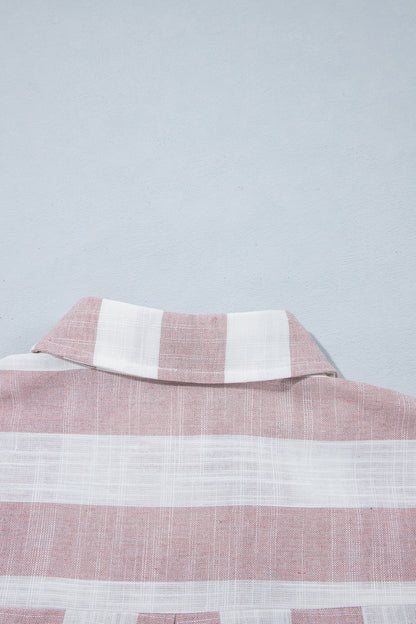 Khaki Stripe Striped Button-Up Three-Quarter Sleeve Short Shift Dress