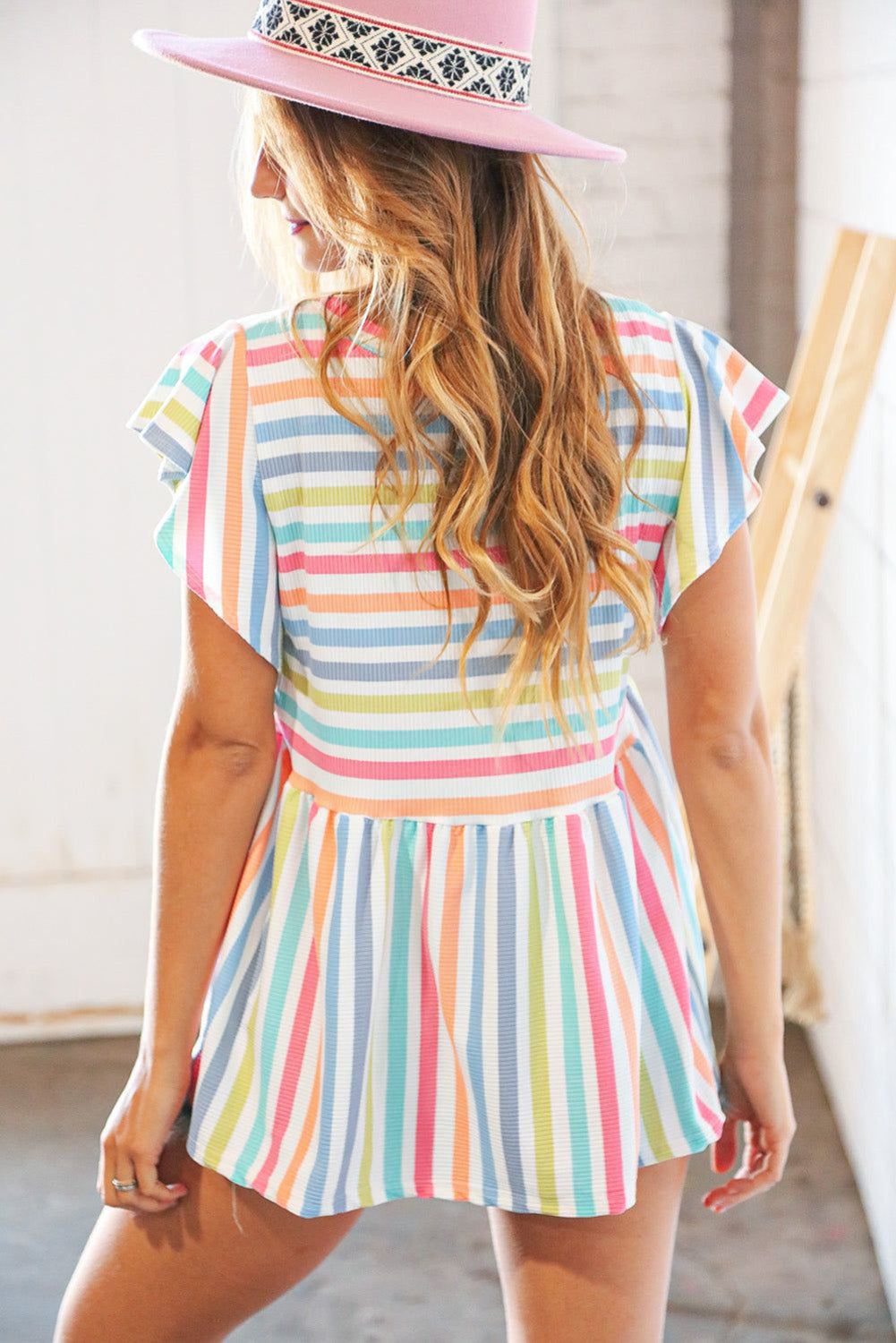 Multicolor Stripe Print Textured Knit Babydoll Blouse
