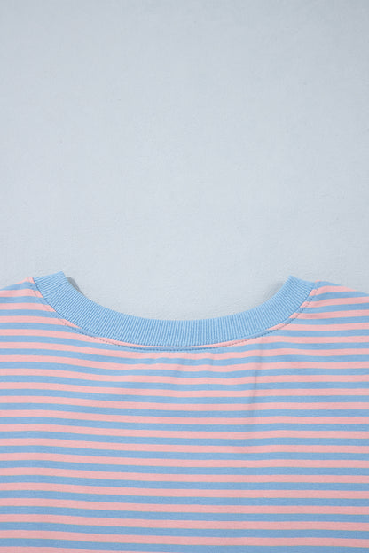 Sky Blue Stripe Colorblock Scalloped Trim Loose 3/4 Sleeve Top