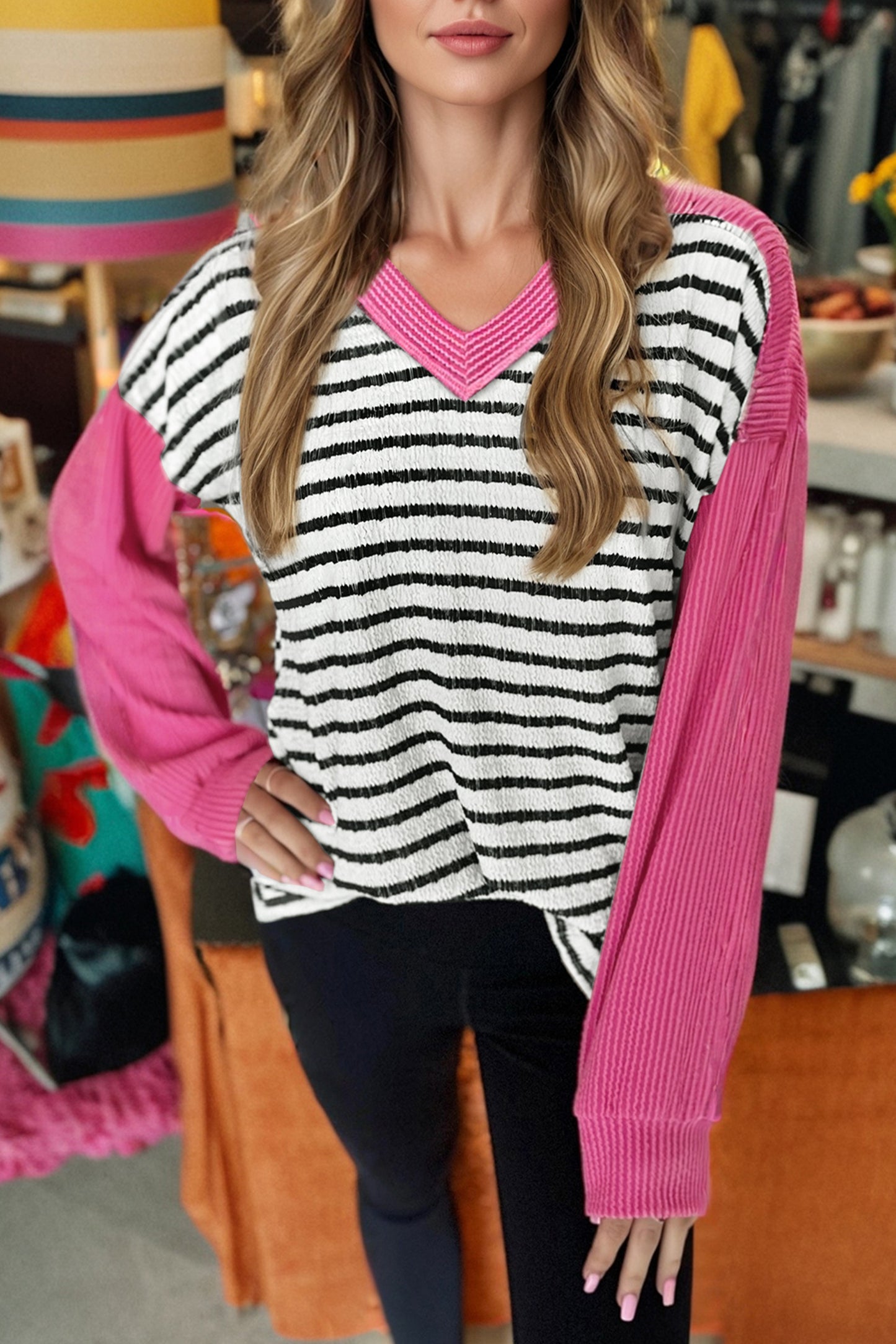 Black Stripe Textured Knit Twisted Rib Contrast Patchwork V Neck Long Sleeve Top