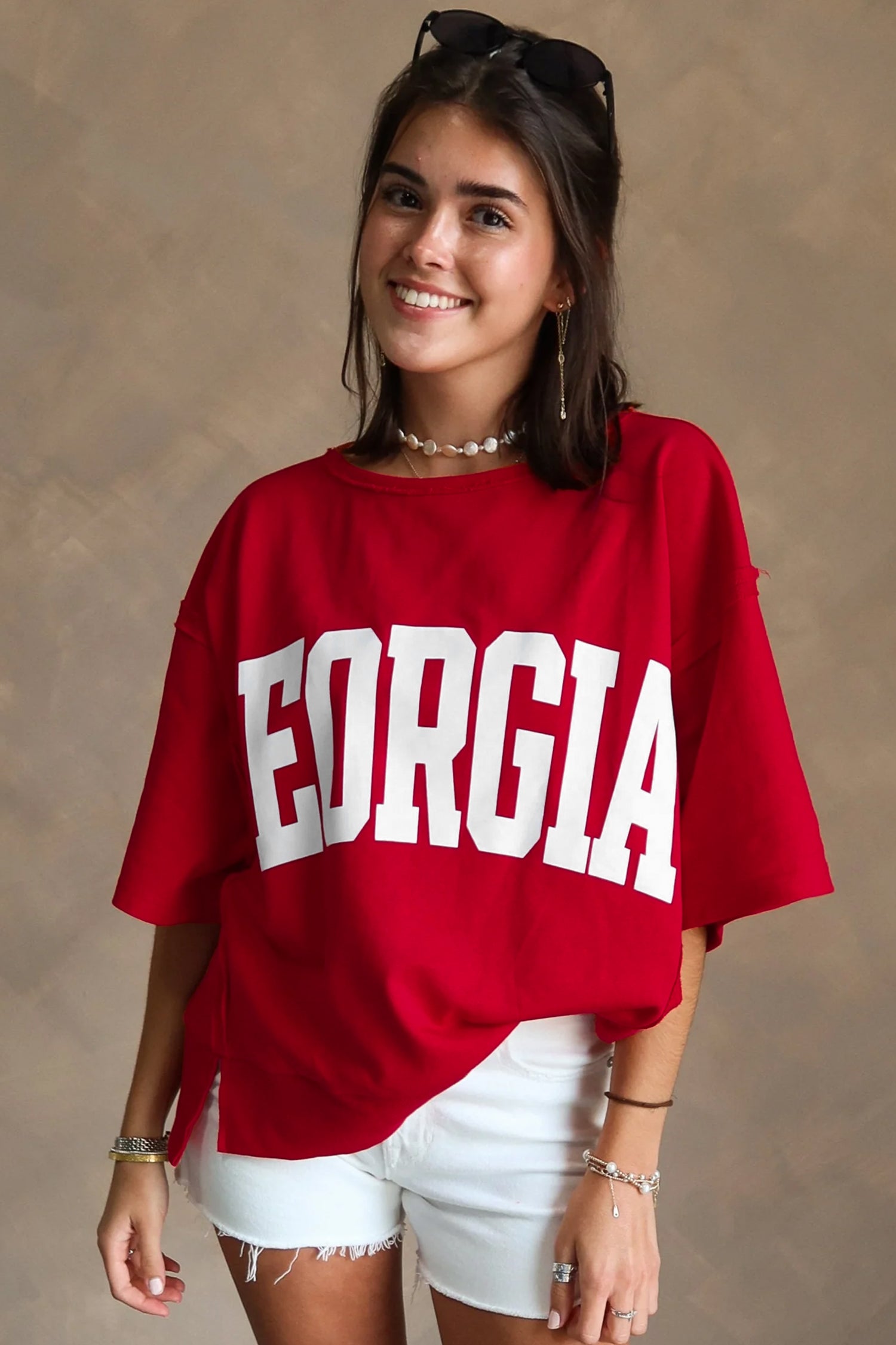 Racing Red GEORGIA Letter Printed Raw Seam Drop Shoulder Loose Tee
