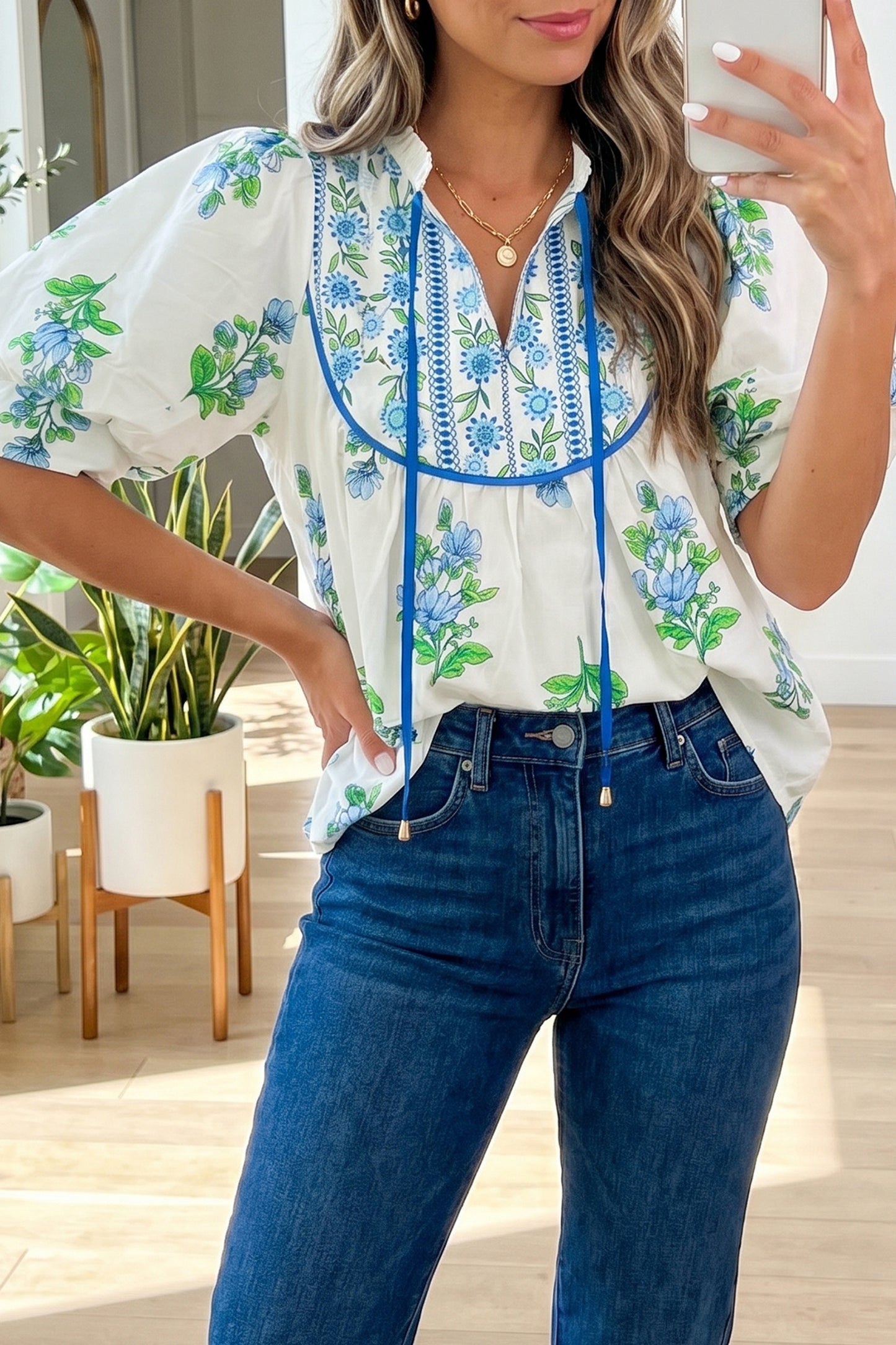 White Floral Print Contrast Trim Tie Neck Blouse