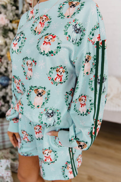 Sky Blue Holiday Puppies Wreath Print Pocket Sweatshirt and Shorts Set