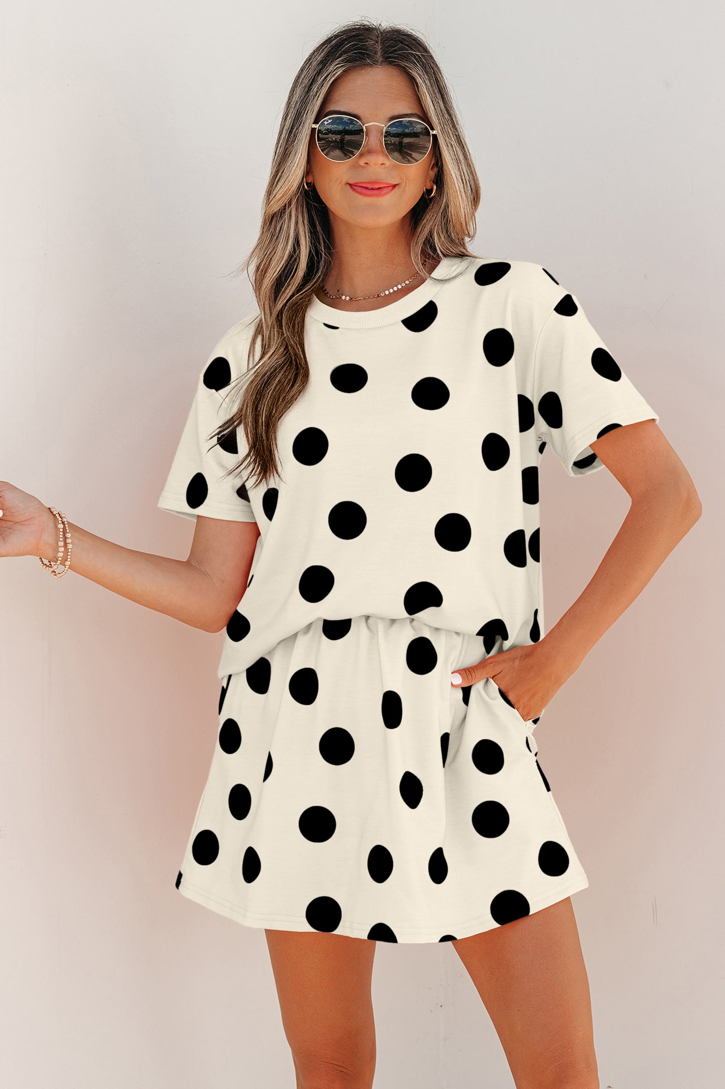 White Polka Dot Short Sleeve Top Casual Skort 2pcs Outfit