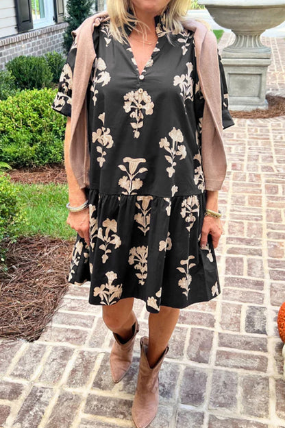 Black Frilled V Neck Puff Short Sleeve Floral Mini Dress