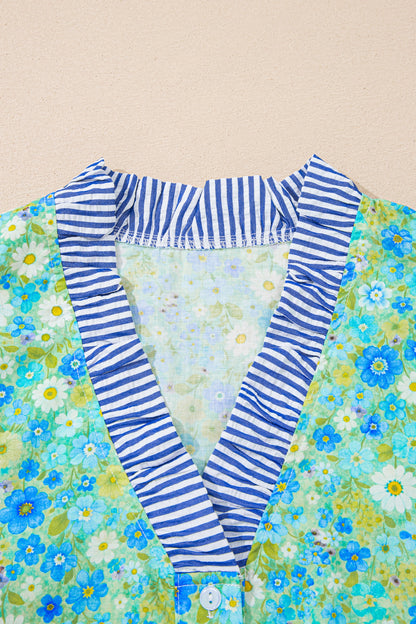 Green Floral Painting Print Striped Patchwork Flutter Sleeve V Neck Blouse