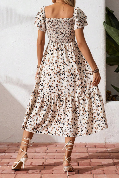 Blue Ditsy Floral Print Smocked Square Neck Ruffle Short Sleeve Dress