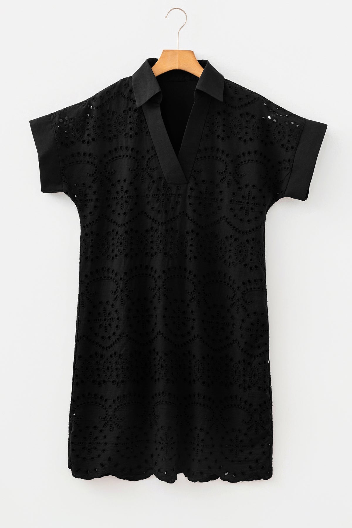 Black Solid Color Eyelet Embroidered T Shirt Mini Dress