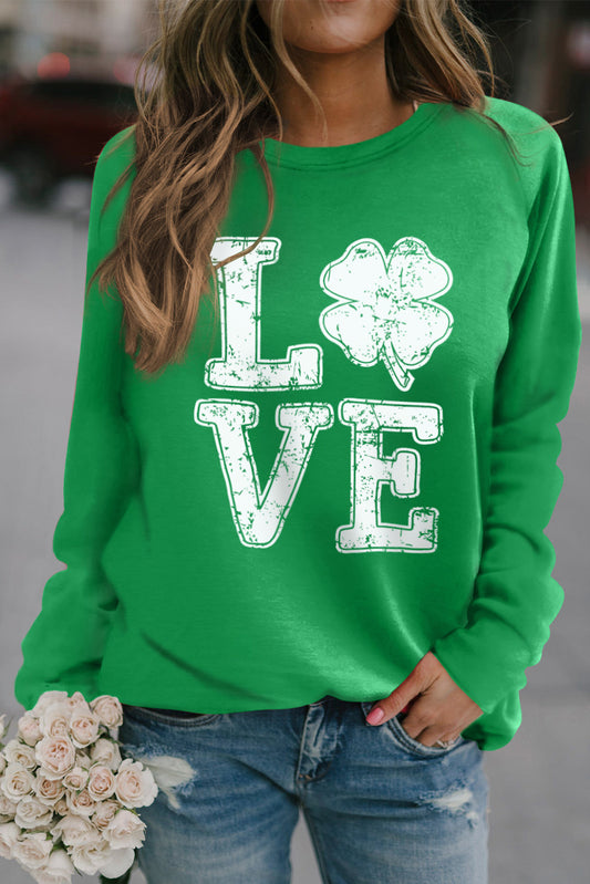 Green LOVE Clover Print Raglan Sleeve Pullover Sweatshirt