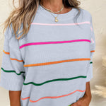 Beau Blue Colorblock Striped Half Sleeve Drop Shoulder Sweater