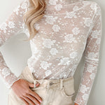 White Sheer Floral Lace Mesh Mock Neck Long Sleeve Top