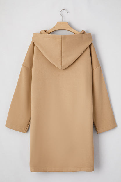 Light French Beige Solid Color Casual Zip up Hooded Coat