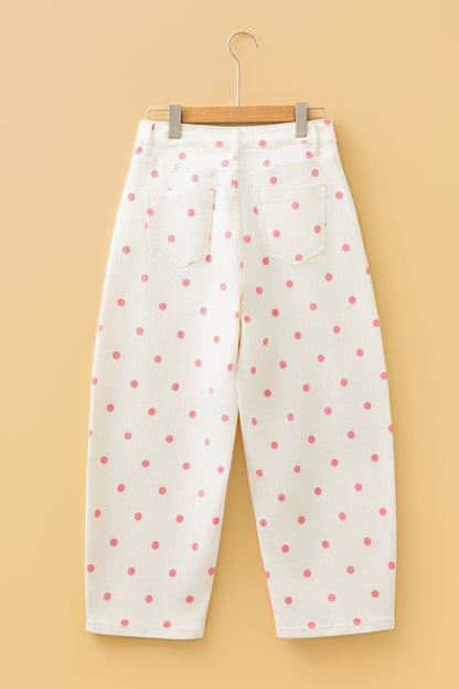 Pink Tailored Seam Polka Dot Print Barrel Casual Jeans