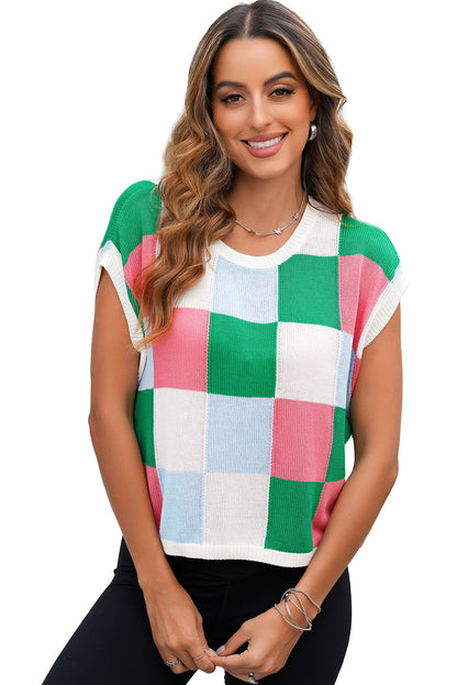 Pull à manches courtes et blocs de couleurs vert foncé