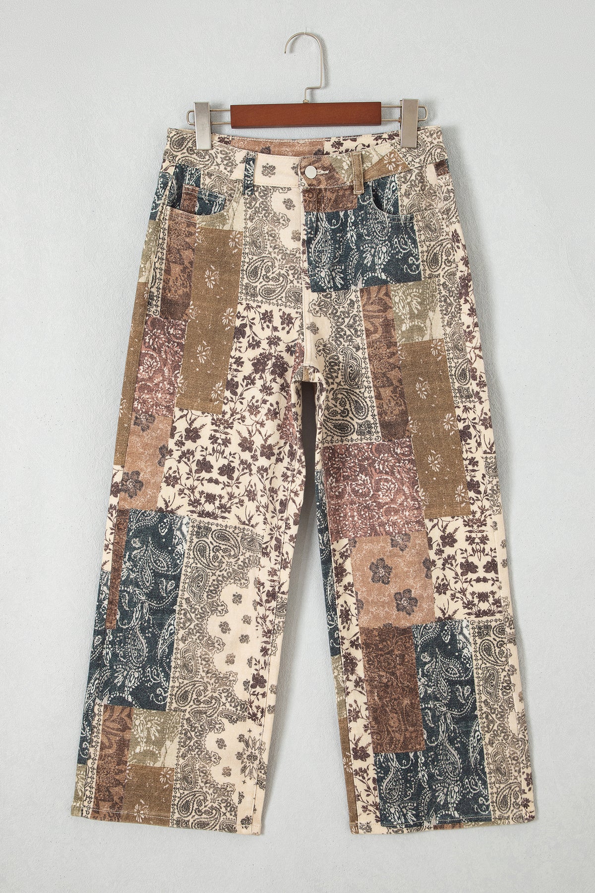 Khaki Western/ Patchwork Print Casual Shift Jeans