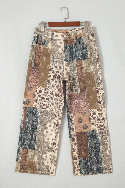 Khaki Western/ Patchwork Print Casual Shift Jeans