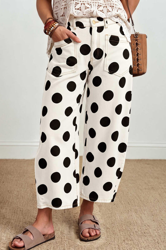 White Polka Dot Ankle-Length Barrel Jeans