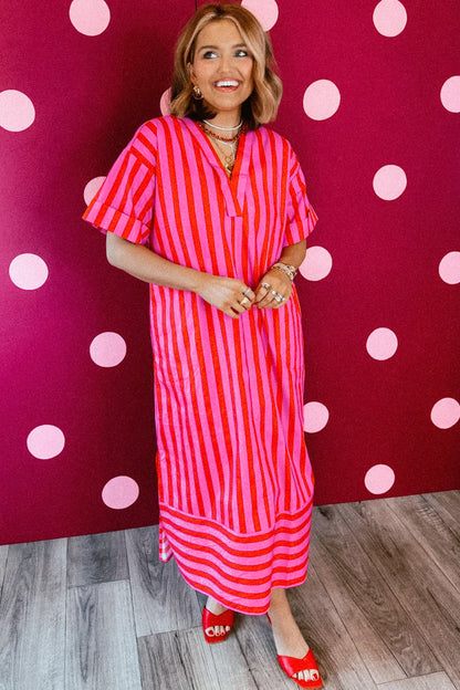 Red Stripe V Neck Cuffed Sleeve Relaxed Split Midi Dress