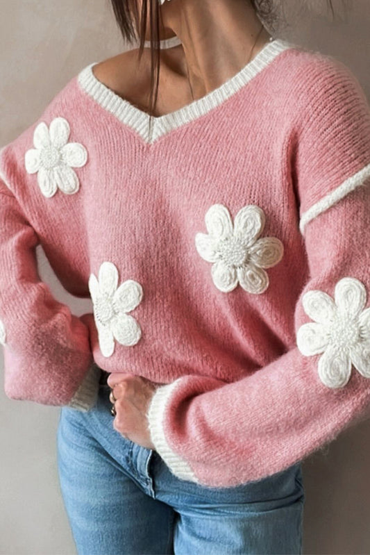 Pull à fleurs roses, col en V et épaules tombantes