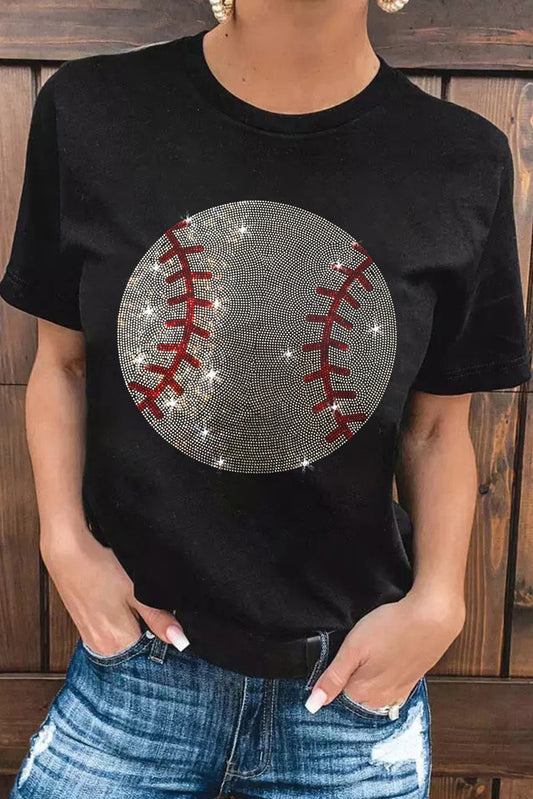 Black Rhinestone Baseball Pattern Round Neck T Shirt