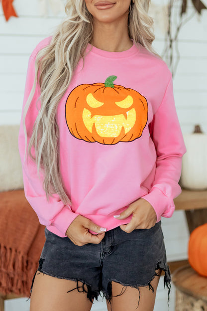 Pink Embroidered Pumpkin Face Long Sleeve Round Neck Sweatshirt