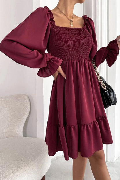 Biking Red Smocked Puff Sleeve Ruffle Mini Dress