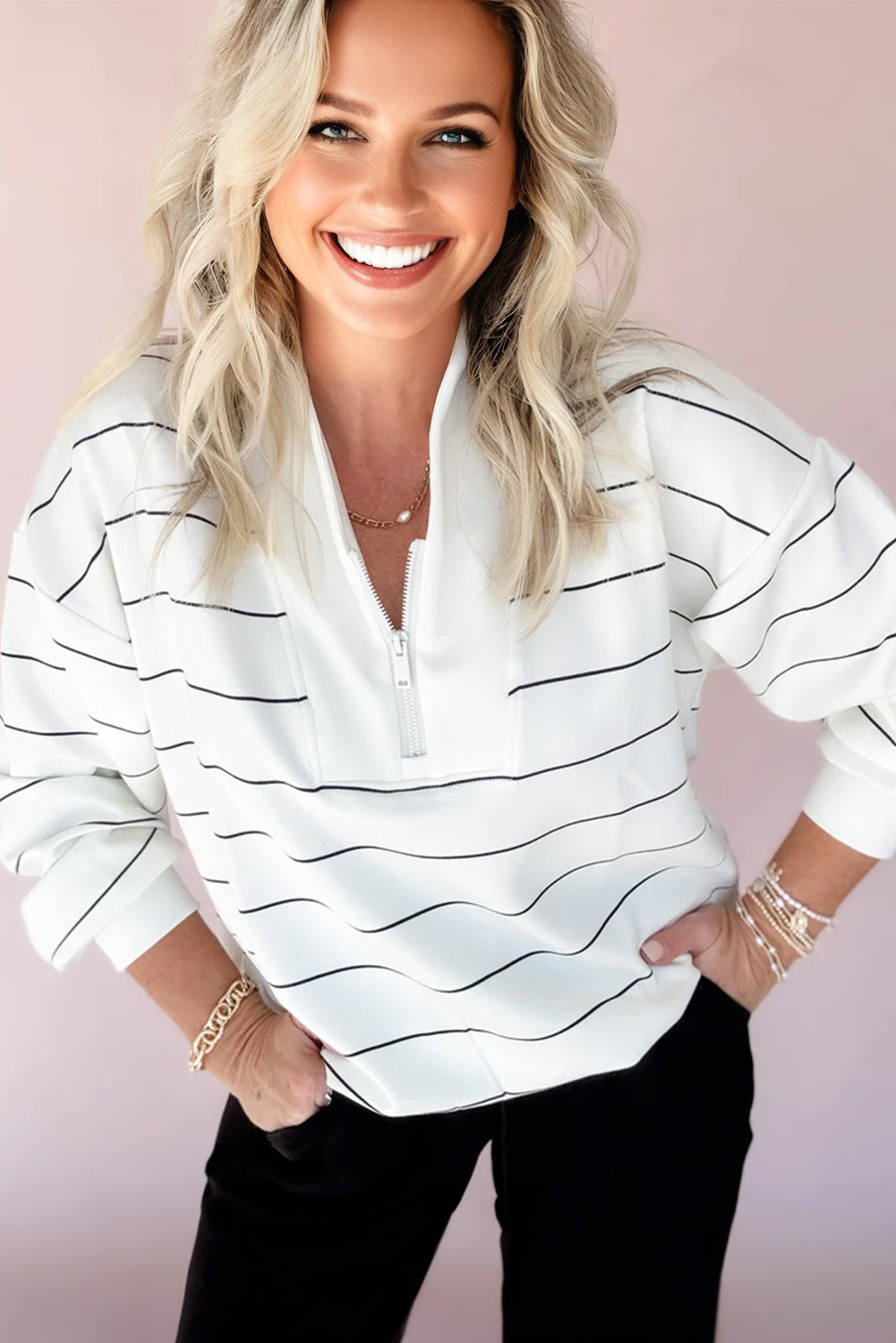 Fiery Red Zip V Neck Casual Stripe Print Drop Shoulder Long Sleeve Top