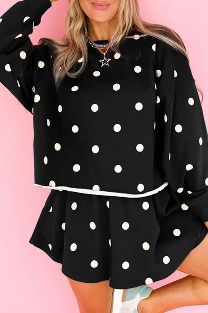 Black Polka Dot Raw Hem Relaxed Pullover Loose Skort Two Piece Set