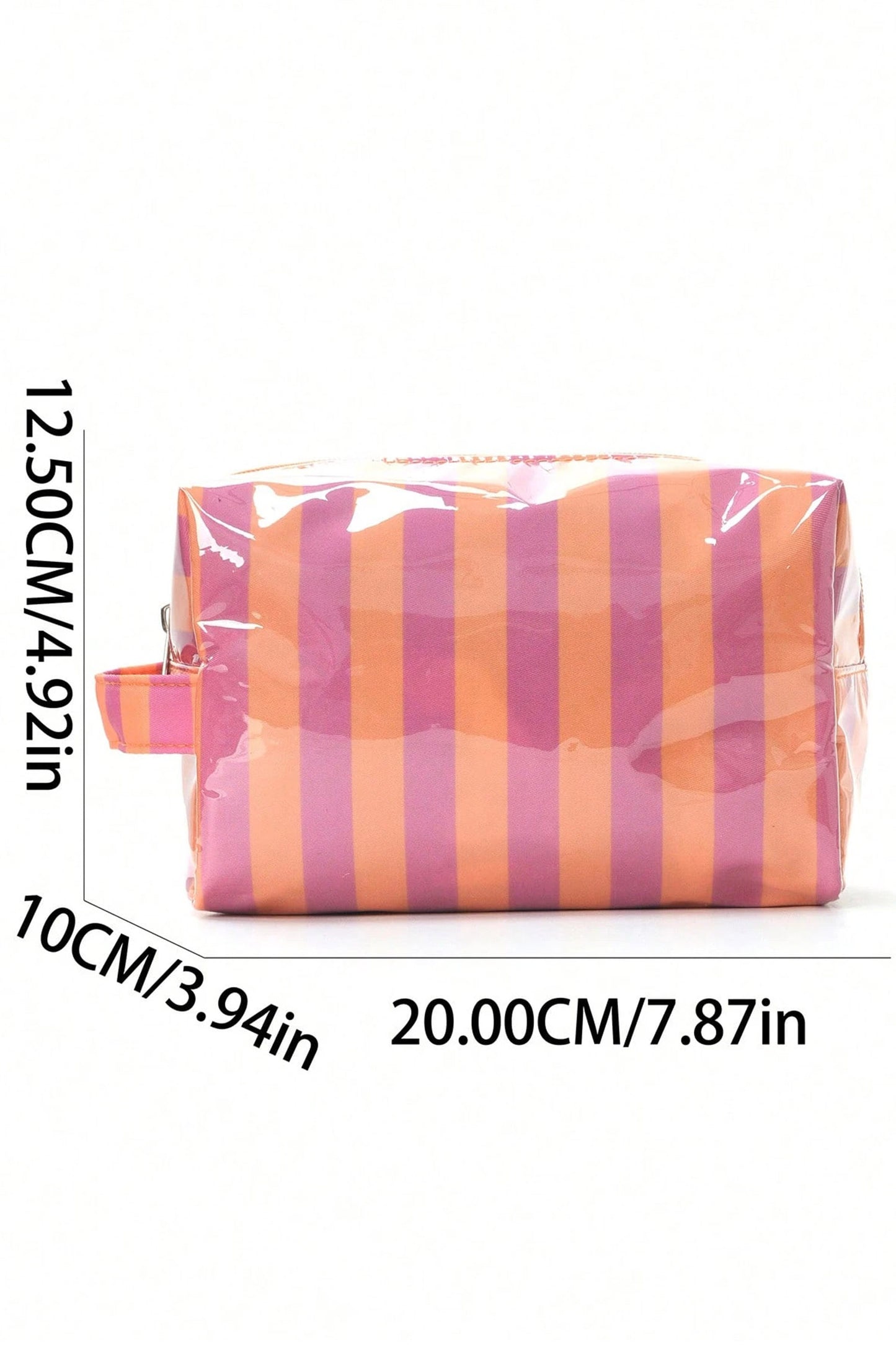 Rose Red PVC Striped Cosmetic Bag Durable Zipper Handle Travel Organizer