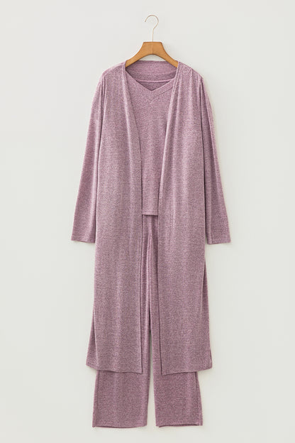 Dark Grey 3pcs V Neck T Shirt Ribbon Knot Pants Open Duster 3pcs Lounge Set