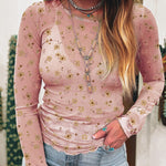 Pink Vintage Floral Print Southern Style Mesh Long Sleeve Top