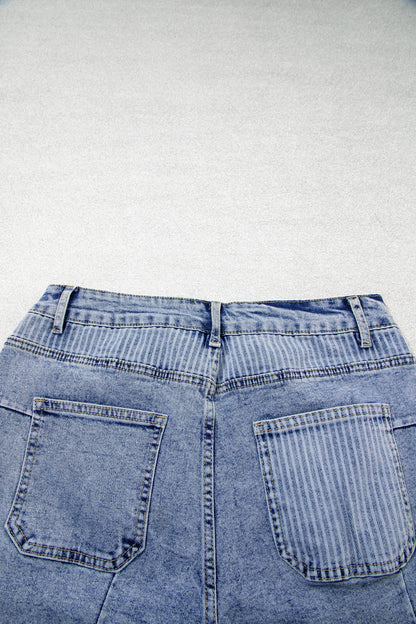 Sky Blue Striped Paisley Mixed Patchwork Raw Hem Denim Shorts