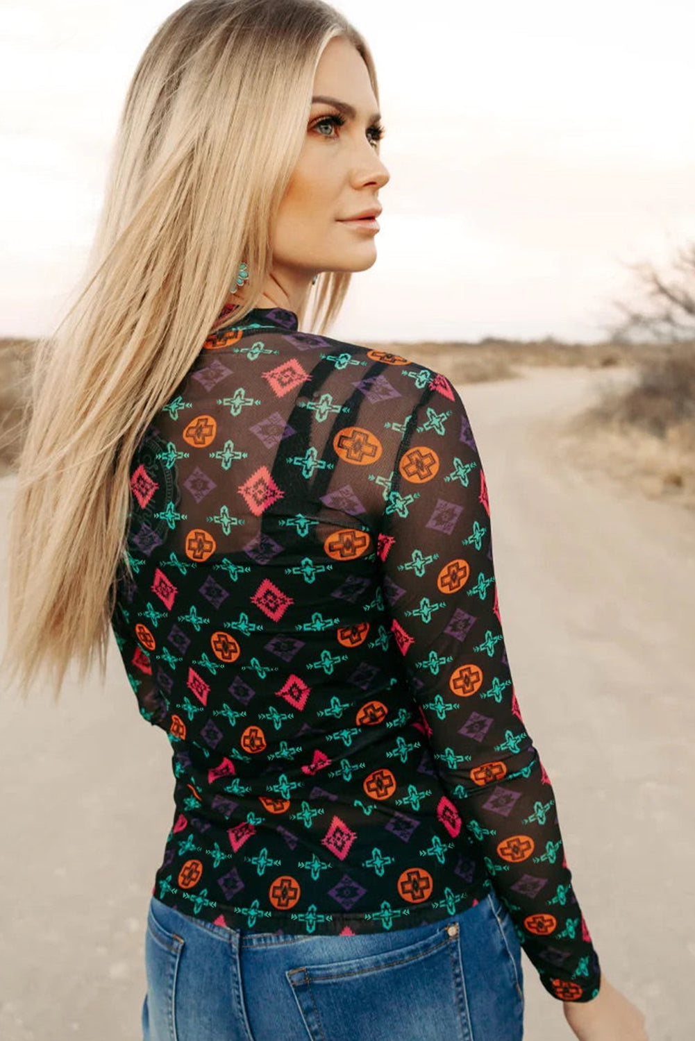 Black Western Aztec Printed Long Sleeve Mesh Top