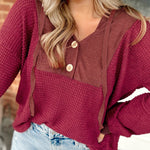 Racing Red Waffle Patchwork Drop Shoulder Hooded Long Sleeve Top