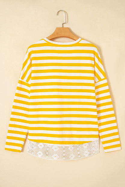 Yellow Stripe Striped Lace Patchwork V Neck Long Sleeve Top