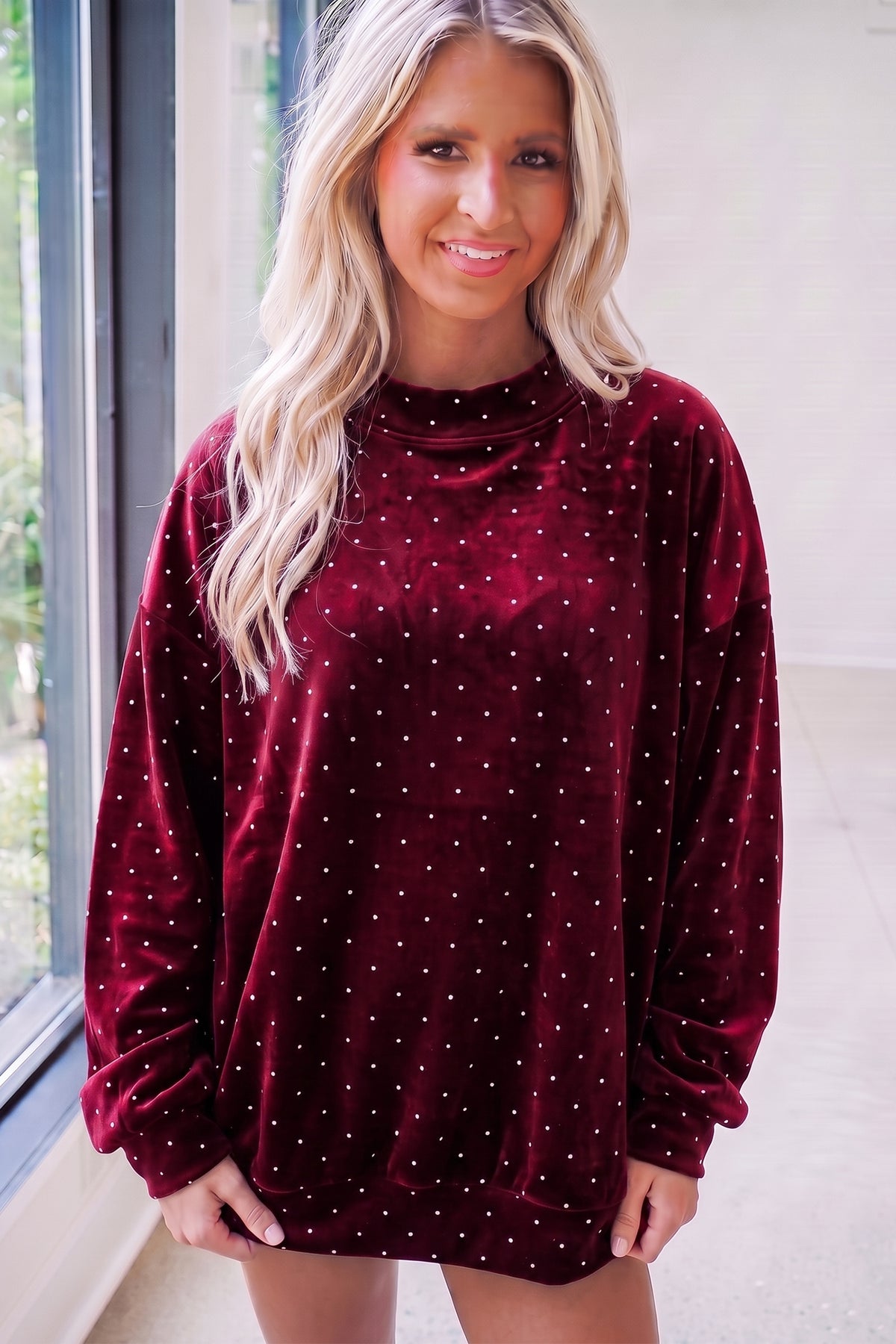 Red Velvet Polka Dot High Neck Tunic Pullover Sweatshirt