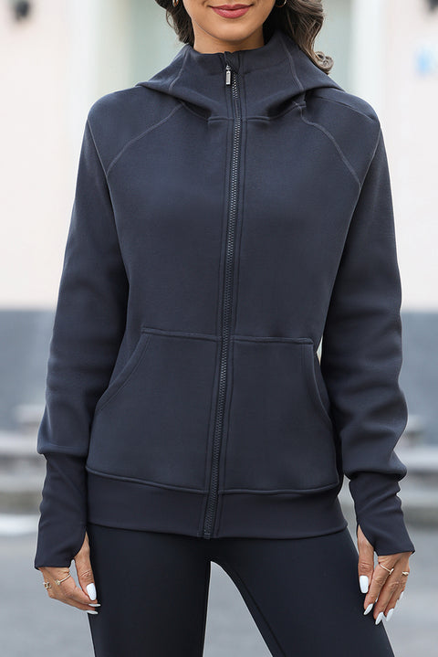 Carbon Grey Thumbhole Sleeve Zip Up Sports Hooded Jacket