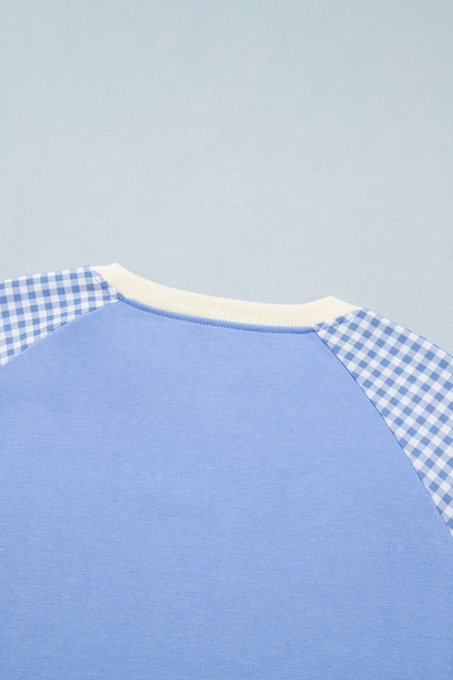 Light Blue Plaid Sleeve Colorblock Raglan Pullover Sweatshirt