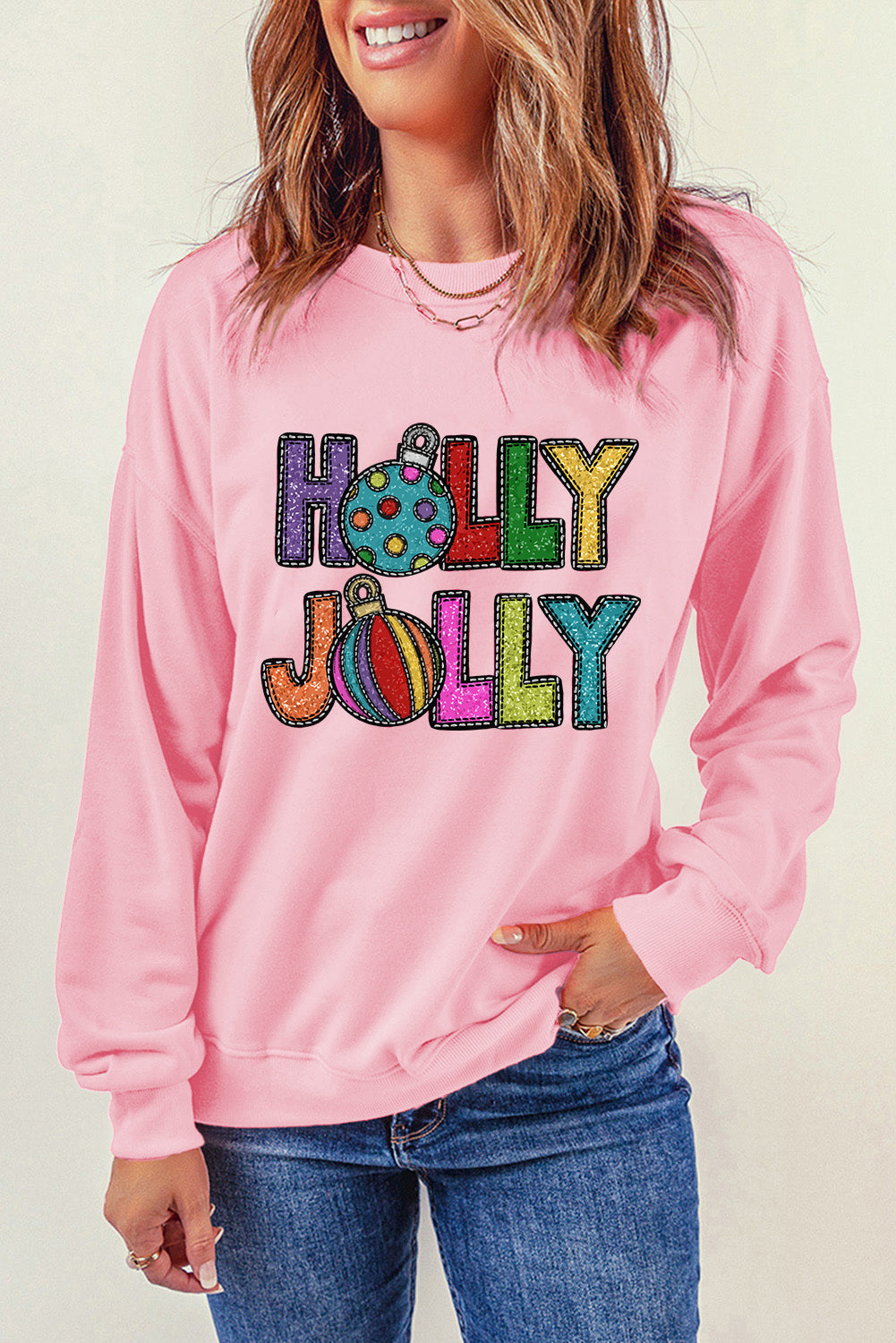 Sweat-shirt graphique rose HOLLY JOLLY avec lettres festives de Noël
