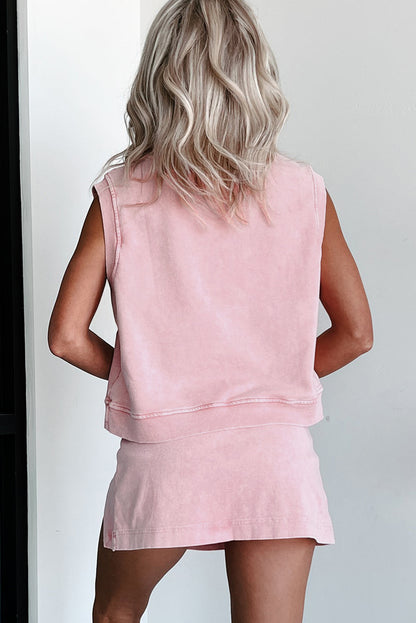 Myosotis Solid Color Washed Sleeveless Top Split Skort Cotton 2pcs Outfit