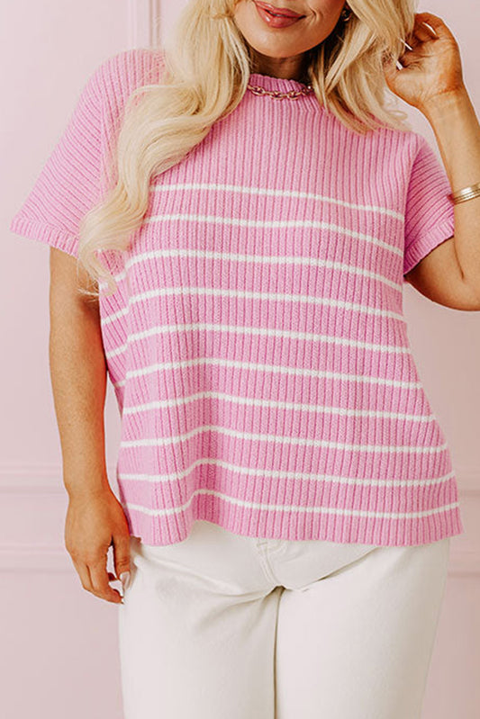 Pink Stripe Ribbed Loose Plus T Shirt