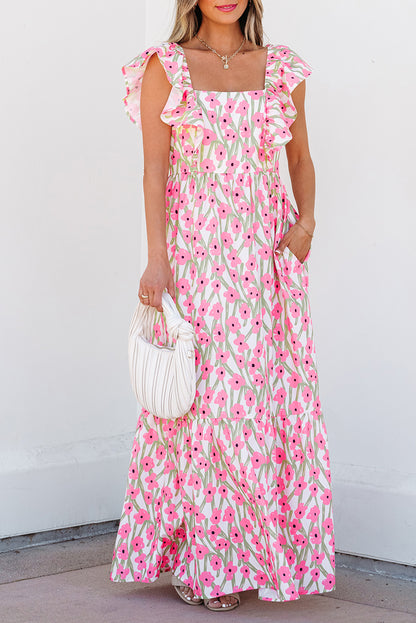 Robe longue rose à imprimé floral, col carré et bretelles à volants