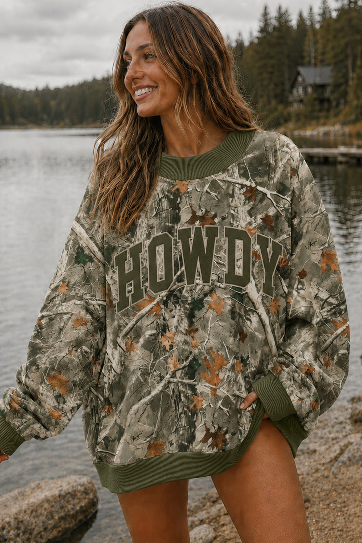 Green Western Camo/Mallard Letter Print Baggy Pullover Sweatshirt