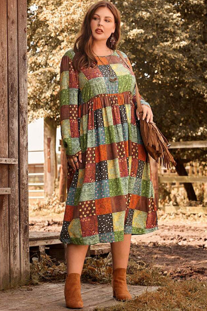 Robe trapèze grande taille à carreaux multicolores imprimés verts 