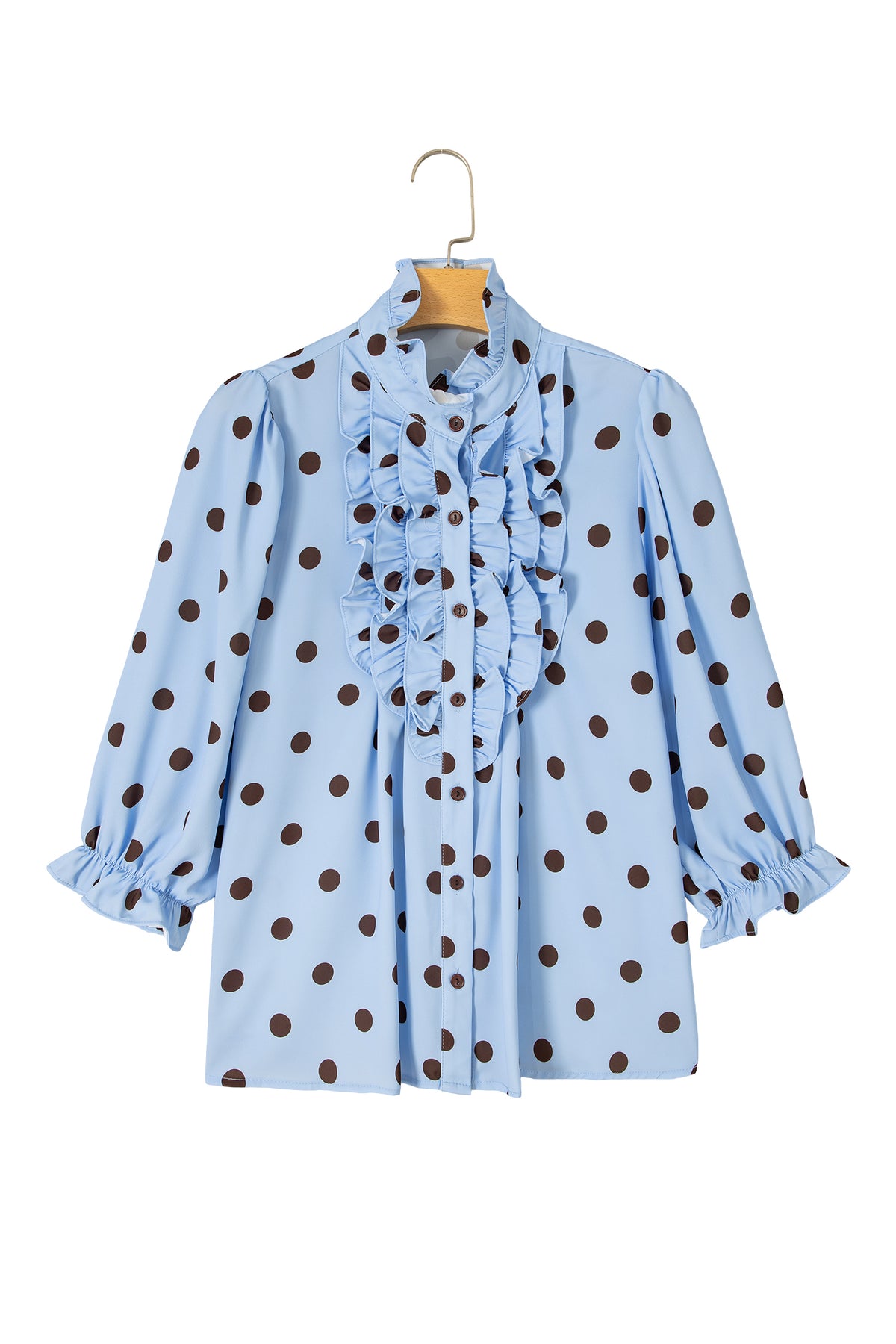 Sky Blue Polka Dot Striped Print Ruffle Stand Neck 3/4 Sleeve Shift Shirt