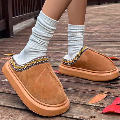 Chestnut Contrast Edge Suede Plush Lined Thick Sole Winter Slippers