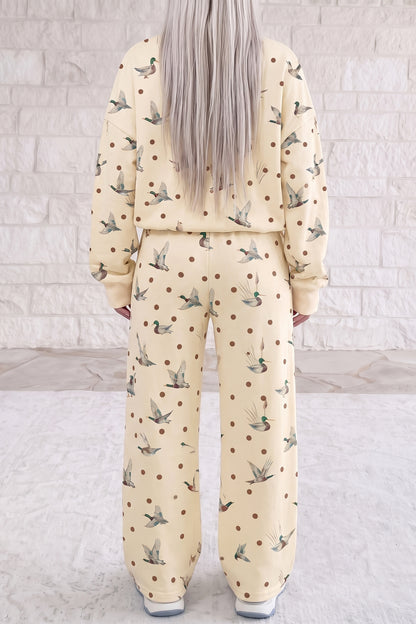 Beige Polka Dot Mallard Print Crewneck Pullover Two Piece Pants Set