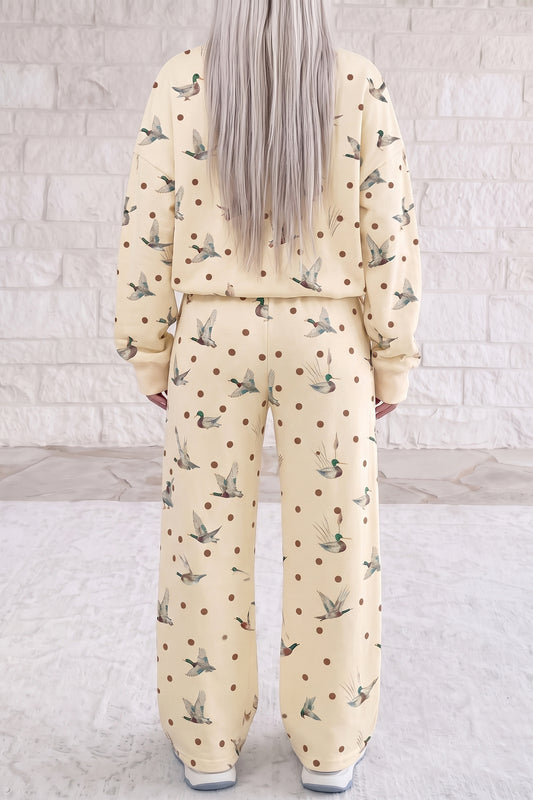 Beige Polka Dot Mallard Print Crewneck Pullover Two Piece Pants Set