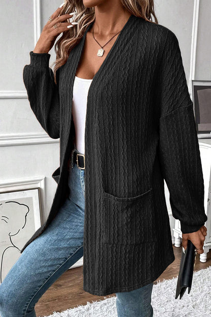 Cardigan ouvert sur le devant en tricot texturé noir avec poches latérales