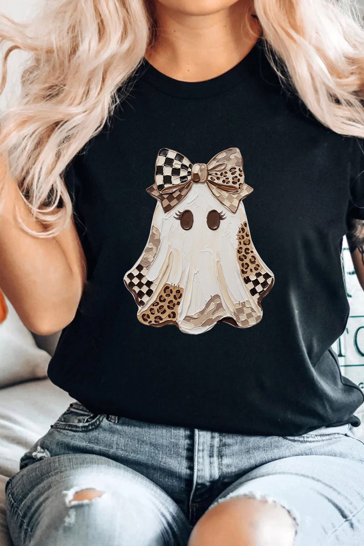 Black Checkered Leopard Ghost Print Round Neck Halloween T Shirt